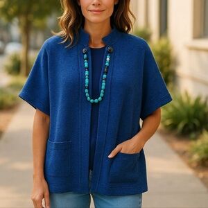 Gally Navy Blue Knit Cardigan Cape Poncho Women's Size L One Button Close